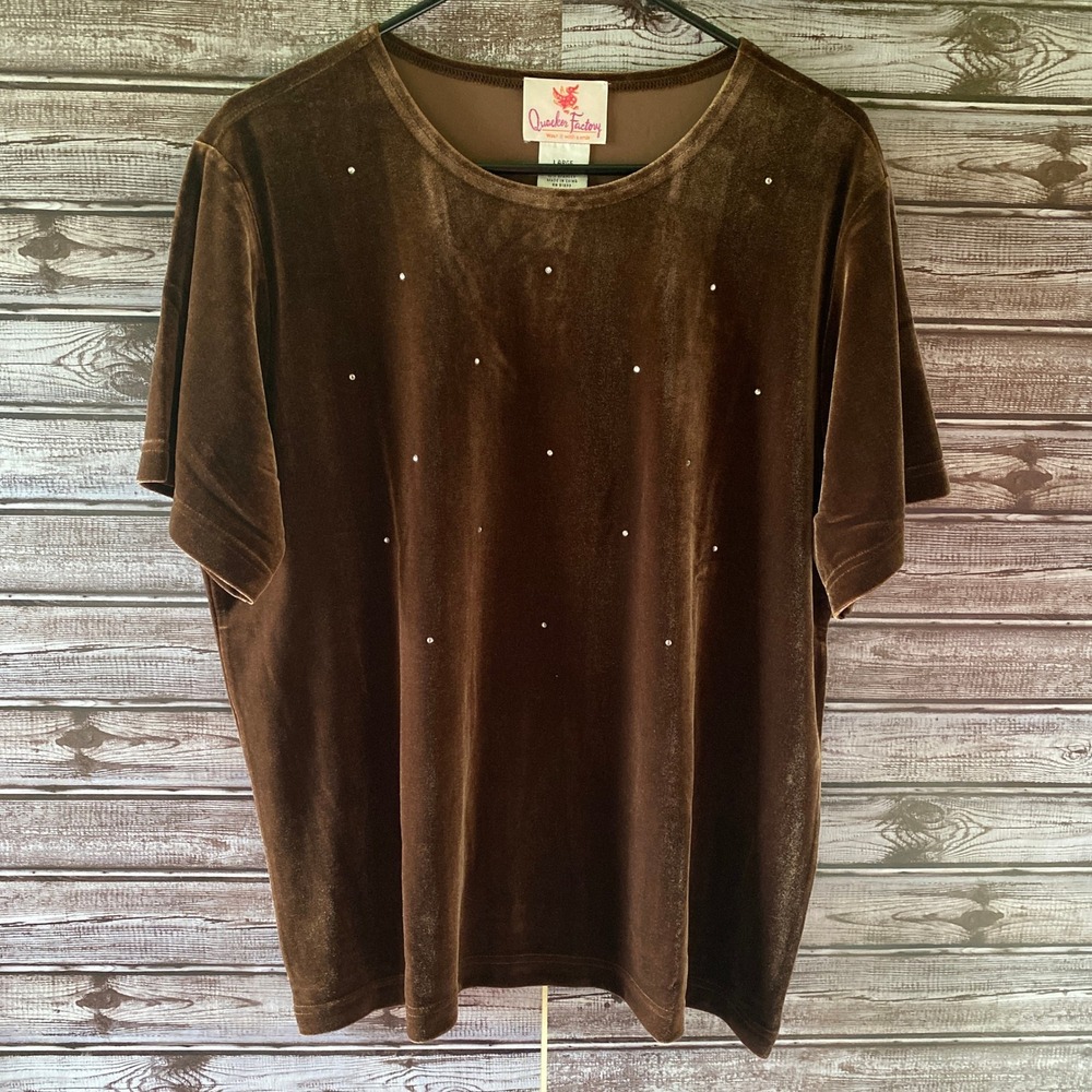 Quacker Factory Women's Short-Sleeved Top Size‎ L Brown Velvet Embellished NWT
